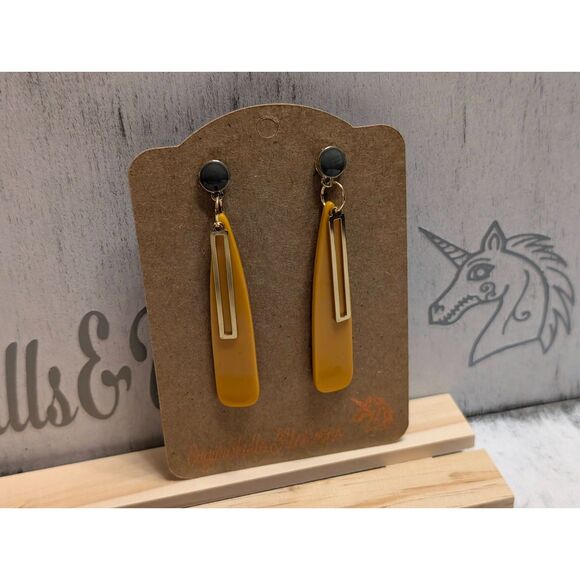 Retro Mustard Yellow & Gold Drop Earrings - Picture 2 of 8
